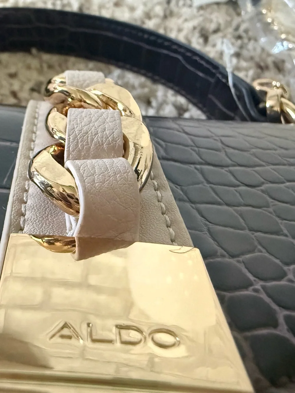 ALDO Black Croc-Texture & Cream Top Handle Satchel with Gold Chain